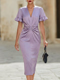 Elegant Satin V-Neck Twist Waist Ruffle Sleeve Bodycon Midi Dress