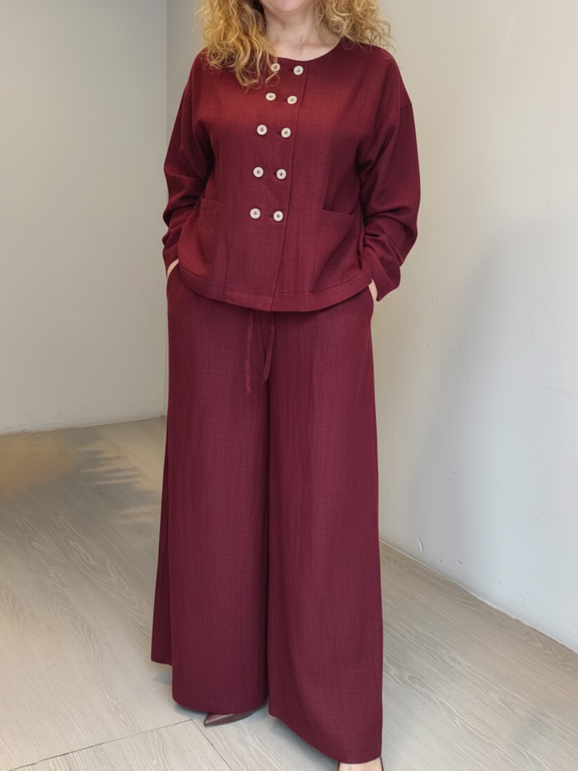 Elegant Button-up Shirt And Wide-leg Trousers Linen Set