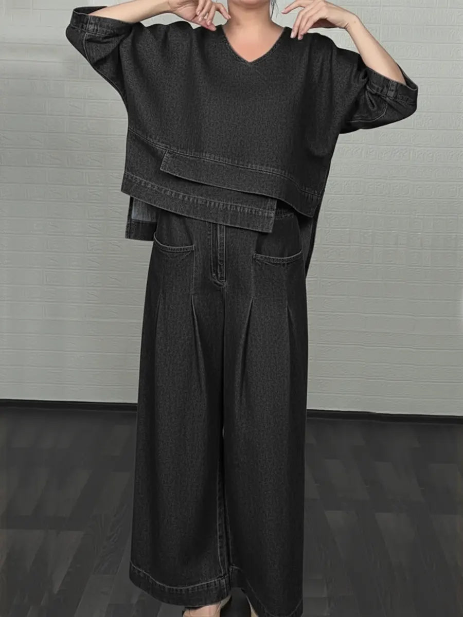 Women's Casual Denim Cotton Top And Pants Two-piece Set