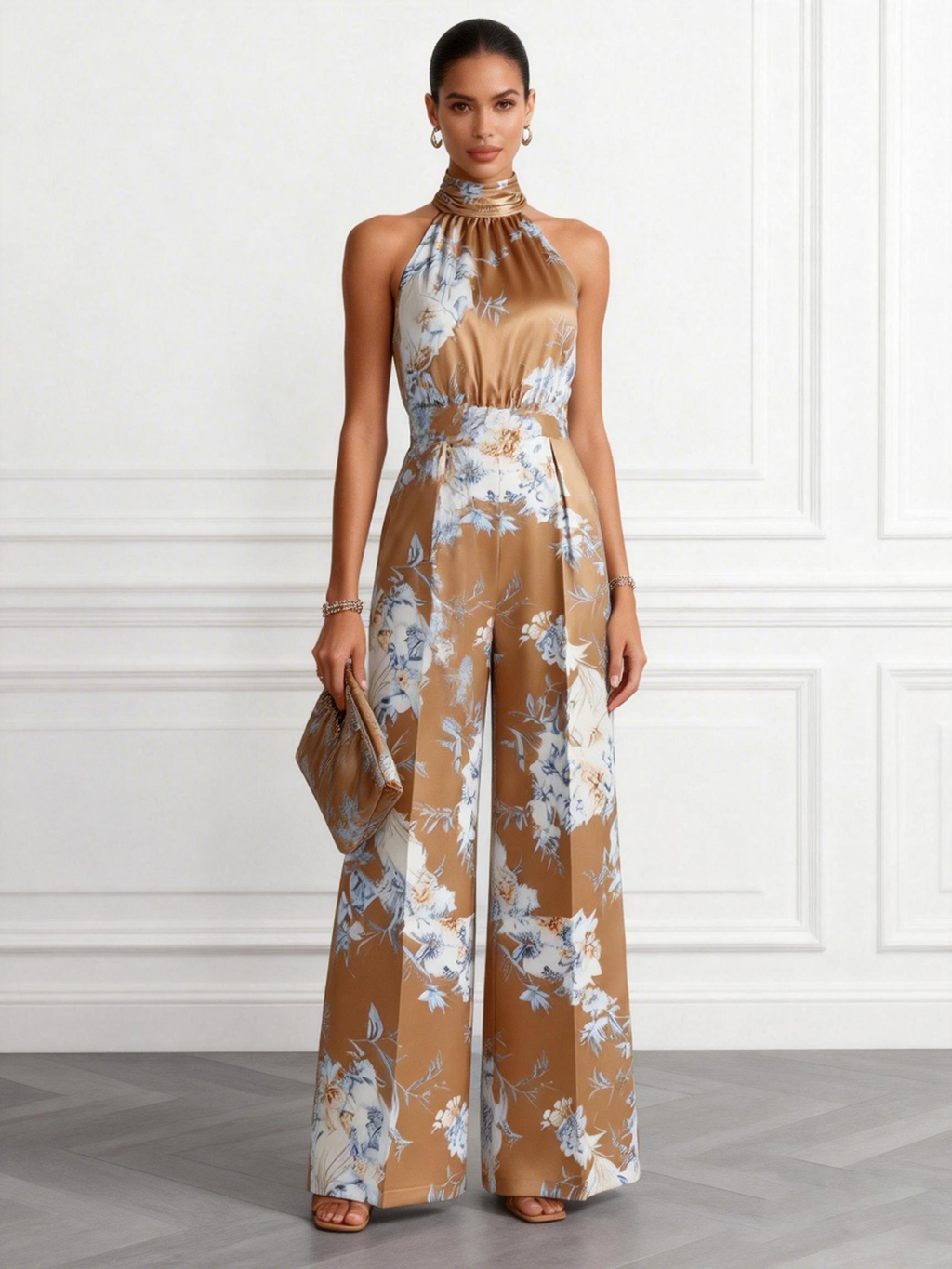 Women Brown Floral Halter Neck Sleeveless Romantic Jumpsuit