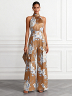 Women Brown Floral Halter Neck Sleeveless Romantic Jumpsuit