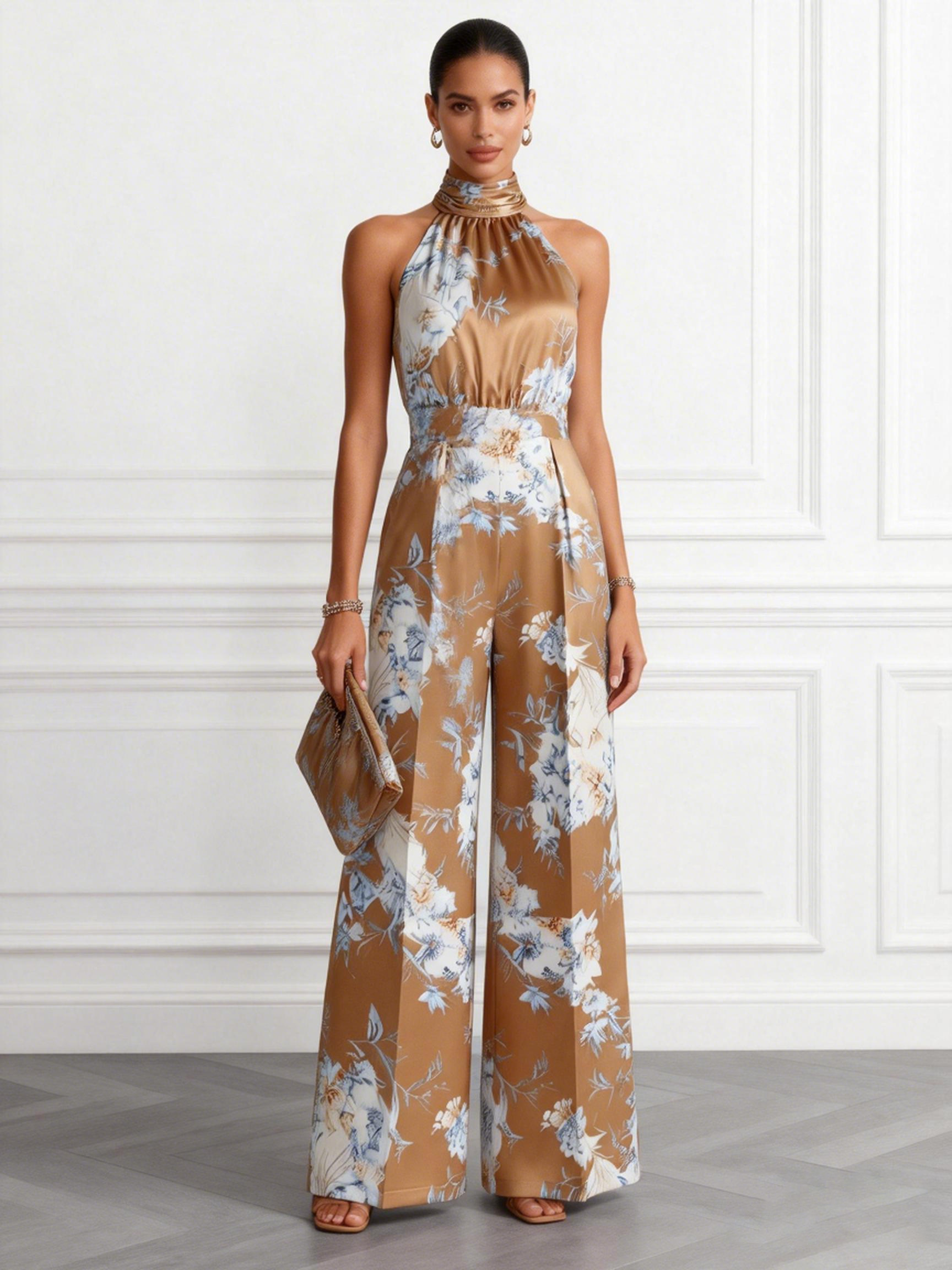 Women Brown Floral Halter Neck Sleeveless Romantic Jumpsuit
