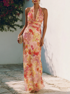 Yellow Floral Bow Chiffon Halter Neck Sleeveless Sheath Floor-length Gown Dress