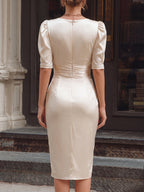 V-Neck Satin Ruched Wrap-Front Slit Midi Dress