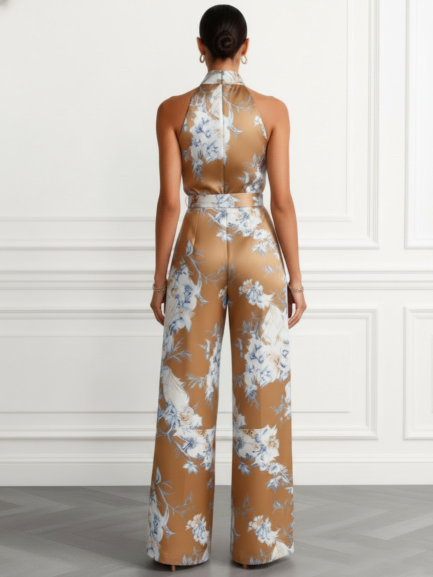 Women Brown Floral Halter Neck Sleeveless Romantic Jumpsuit