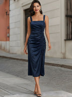 Satin Square Neck Ruched Drawstring Slit Midi Dress