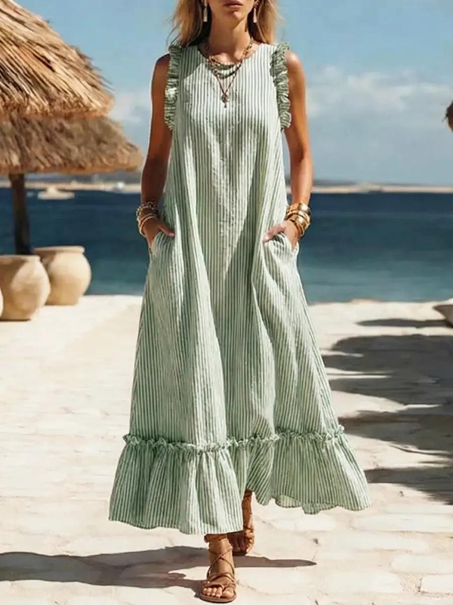 Women's Retro Striped Art Casual Ruffled Stylish Cotton Vacation Dress