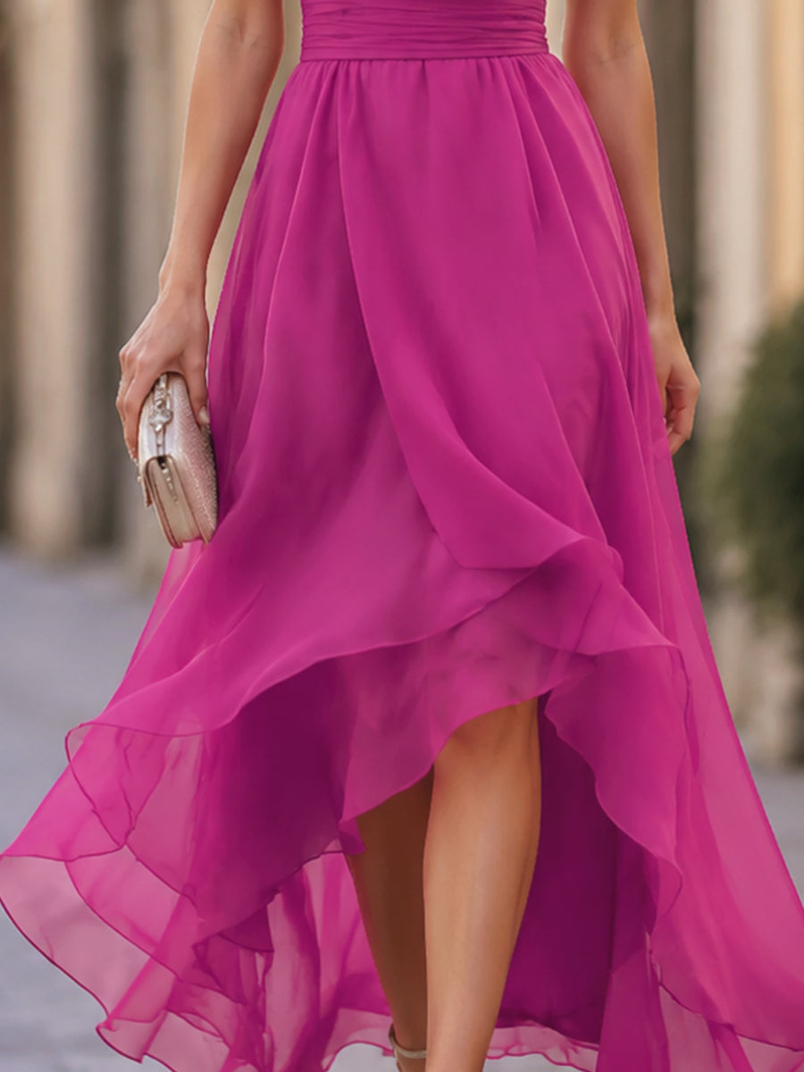 V-Neck Chiffon High-Low Dress With Ruched Waist