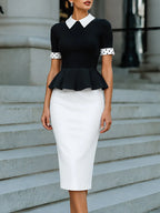Elegant Contrast Collar Peplum Pencil Dress
