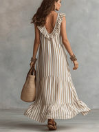 Retro Ruffled V-neck Striped Cotton-linen Dress