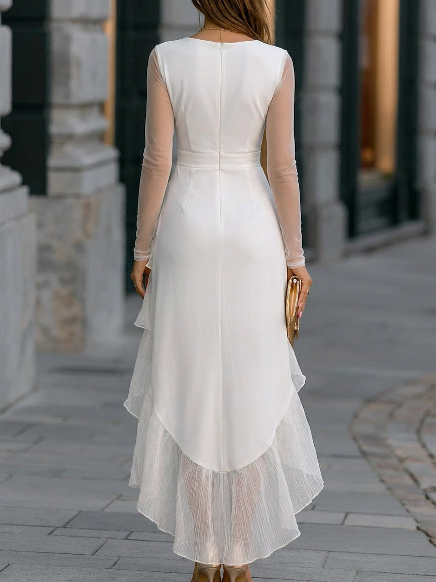 Sheer Sleeves Layered Pleated High-Low Maxi Dress
