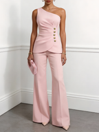 Women Yellow Buckle Ruched One Shoulder Sleeveless Dressy Top With Pants Two-Piece Set