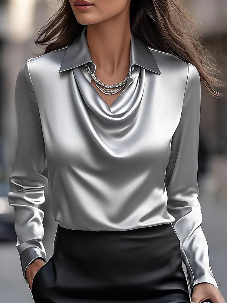Solid Satin Floral Print Simple Swing Collar Shirt Top
