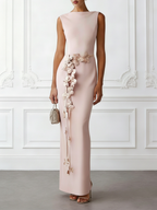 Pink 3D Floral Classic Boat Neck Sleeveless Sheath Maxi Dress