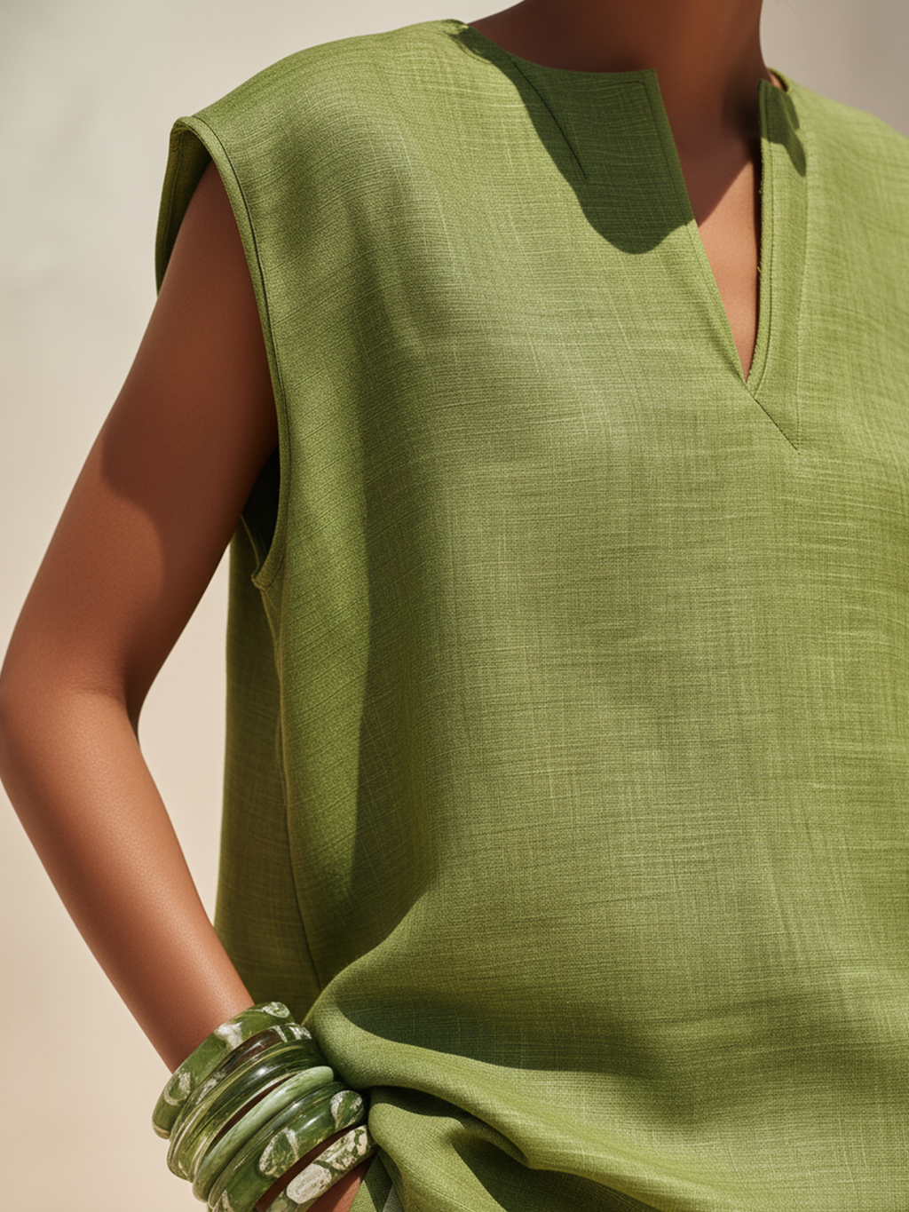 Oversized Green Linen-Blend Sleeveless Top & Striped Wide-Leg Pant Set