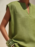 Oversized Green Linen-Blend Sleeveless Top & Striped Wide-Leg Pant Set