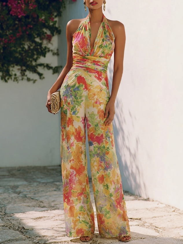 Women Yellow Floral V Neck Sleeveless Romantic Jumpsuit