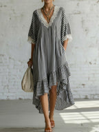 Romantic Striped Lace Asymmetrical Hem Loose-fit Dress
