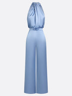 Women Blue Mock Neck Sleeveless Dressy Jumpsuit