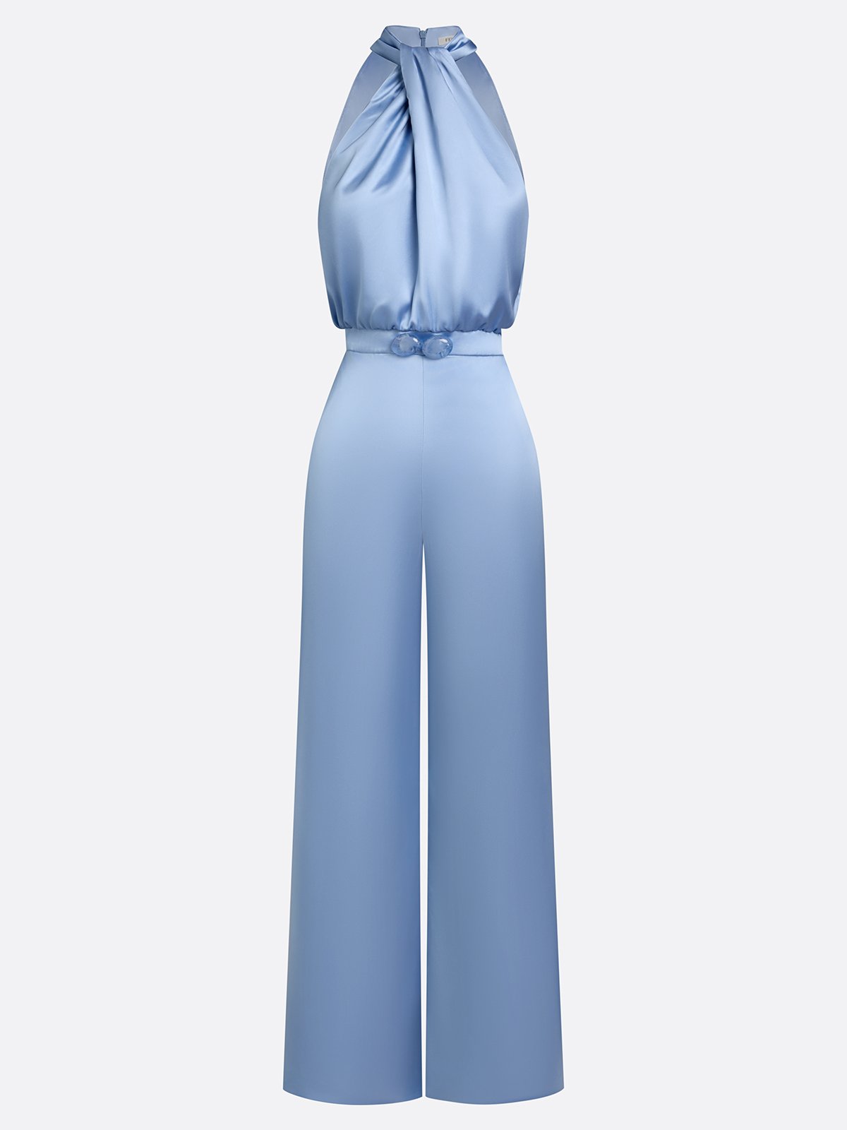 Women Blue Mock Neck Sleeveless Dressy Jumpsuit