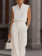 Stand-Collar Sleeveless Blouse & High-Waisted Wide-Leg Trousers Two-Piece Suit