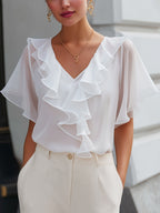 Ruffled V-Neck Sheer Sleeve Blouse