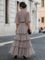 Tiered Pleated Cape Maxi Dress