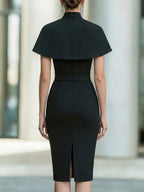 High-Neck Cape Sleeve Sculpted Midi Dress