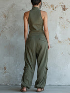 Olive Washed Denim Utility Halter Jumpsuit