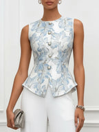 Women White Jacquard Floral Buckle Crew Neck Sleeveless Dressy Top With Pants Two-Piece Set