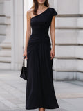 Black One Shoulder Ruched Waist Flowy Maxi Dress