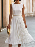 Sleeveless Pleated Chiffon Flowy A-Line Skirt Midi Dress