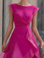 Layered Organza Cap Sleeve A-Line Midi Dress