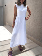 Women's Sleeveless Pleated Cotton And Linen Casual Dress