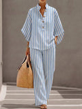 Loose-fit Casual Striped Linen And Cotton Top And Pants Two-piece Set