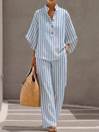 Loose-fit Casual Striped Linen And Cotton Top And Pants Two-piece Set