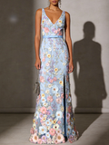 Light Blue Floral Ebroidered Classic V Neck Sleeveless A-Line Floor-length Gown Dress