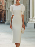 Structured Puff Sleeve Button Accent Pencil Midi Dress