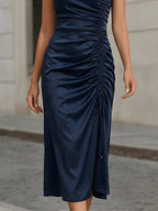 Satin Square Neck Ruched Drawstring Slit Midi Dress