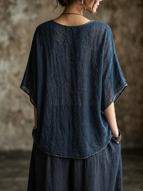 Bohemian-style Heavy-embellishment Dragonfly & Floral Embroidered V-neck Cotton-linen Top