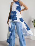 Cozy Floral-print Cotton-blend Long Top And Striped Pants Two-piece Set