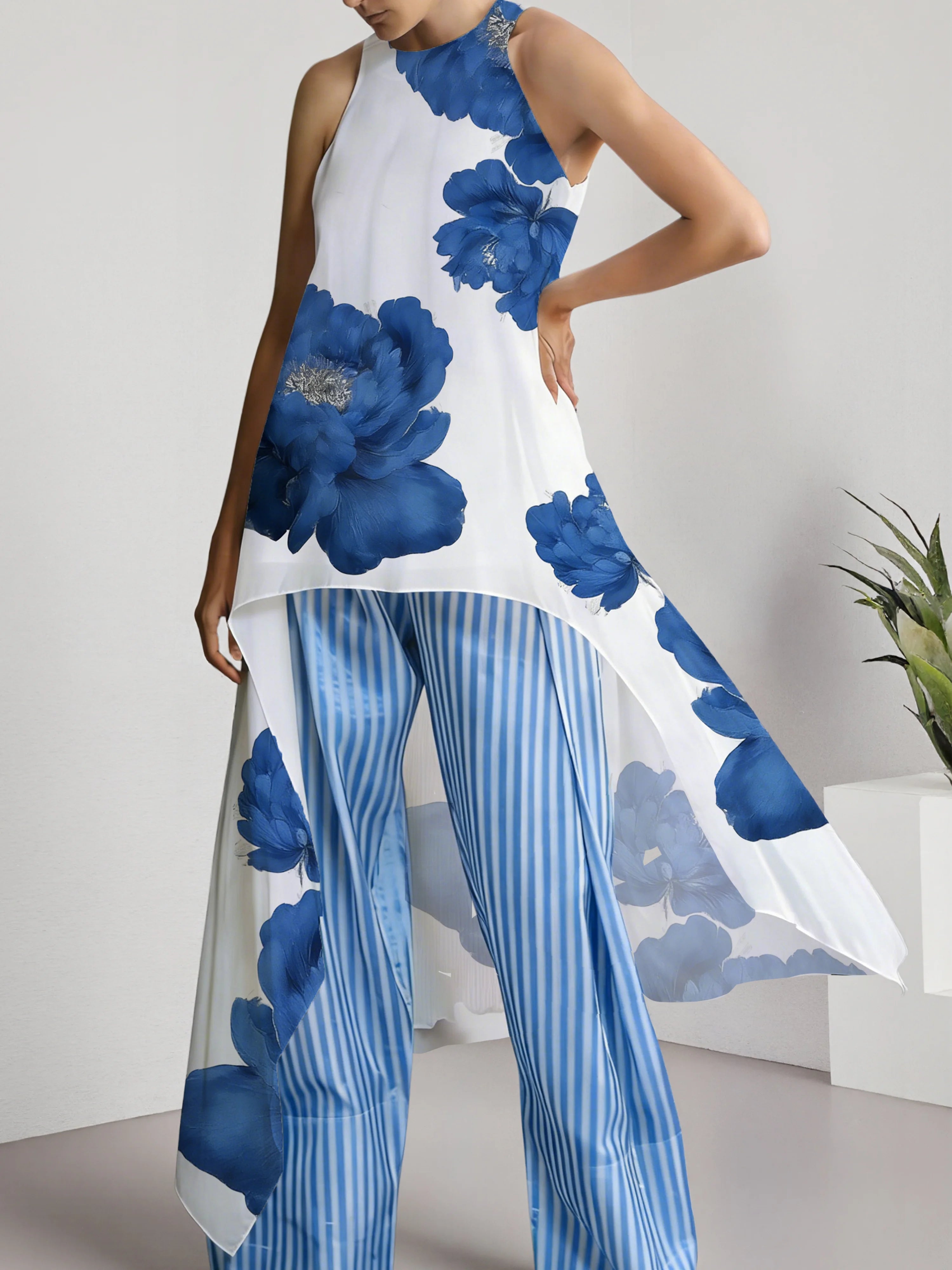 Cozy Floral-print Cotton-blend Long Top And Striped Pants Two-piece Set