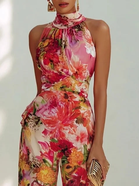 Women Red Floral Halter Neck Sleeveless Romantic Jumpsuit