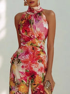Women Red Floral Halter Neck Sleeveless Romantic Jumpsuit