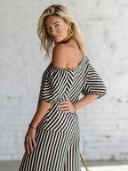 Elegant Classic Striped Off-shoulder Top And Wide-leg Pants Two-piece Set