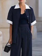 Navy Pinstripe Contrast Collar Short-Sleeve Shirt & High-Waisted Wide-Leg Pants