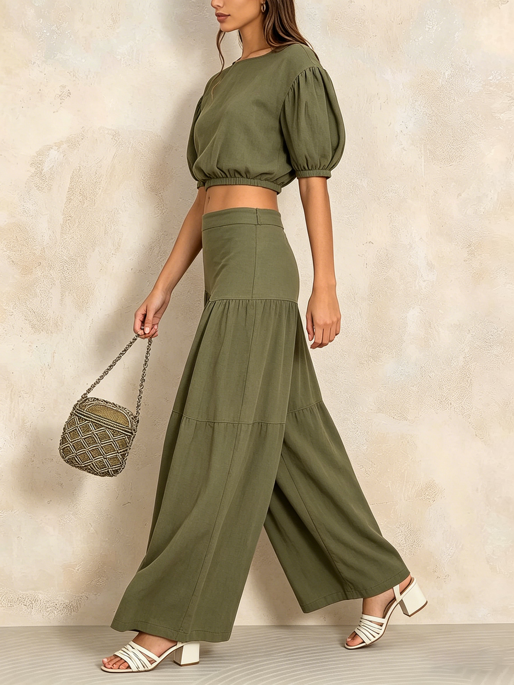 Olive Green Linen-Blend Two-Piece Set - Puff Sleeve Crop Top & Tiered Wide Leg Pants
