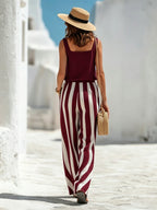 Striped Spaghetti-strap Top & Loose, Slimming Wide-leg Pants Two-piece Set