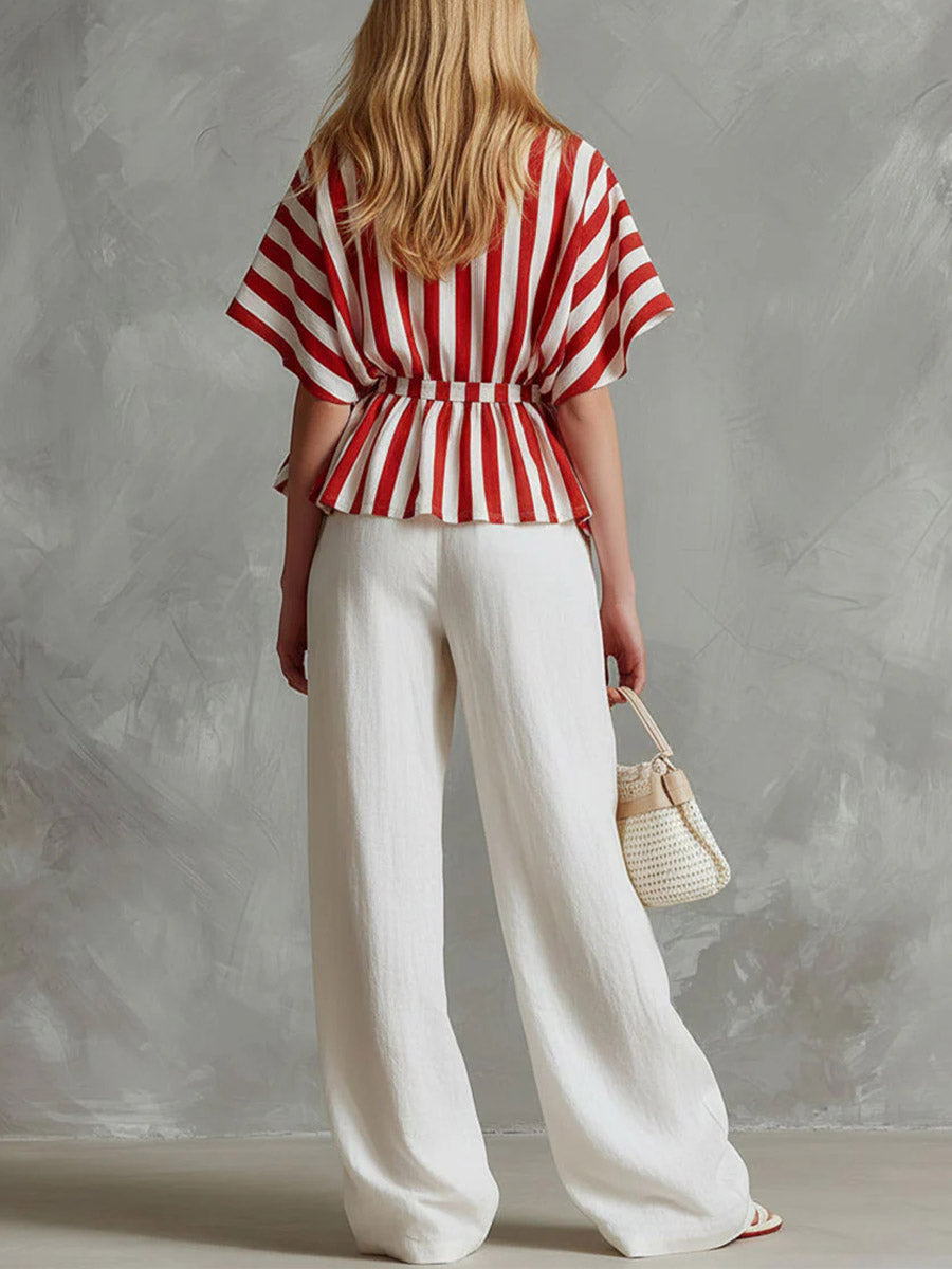 Women's striped printed V-neck 3/4 sleeve casual loose cotton linen top and solid color high-waisted wide-leg pants cotton linen set