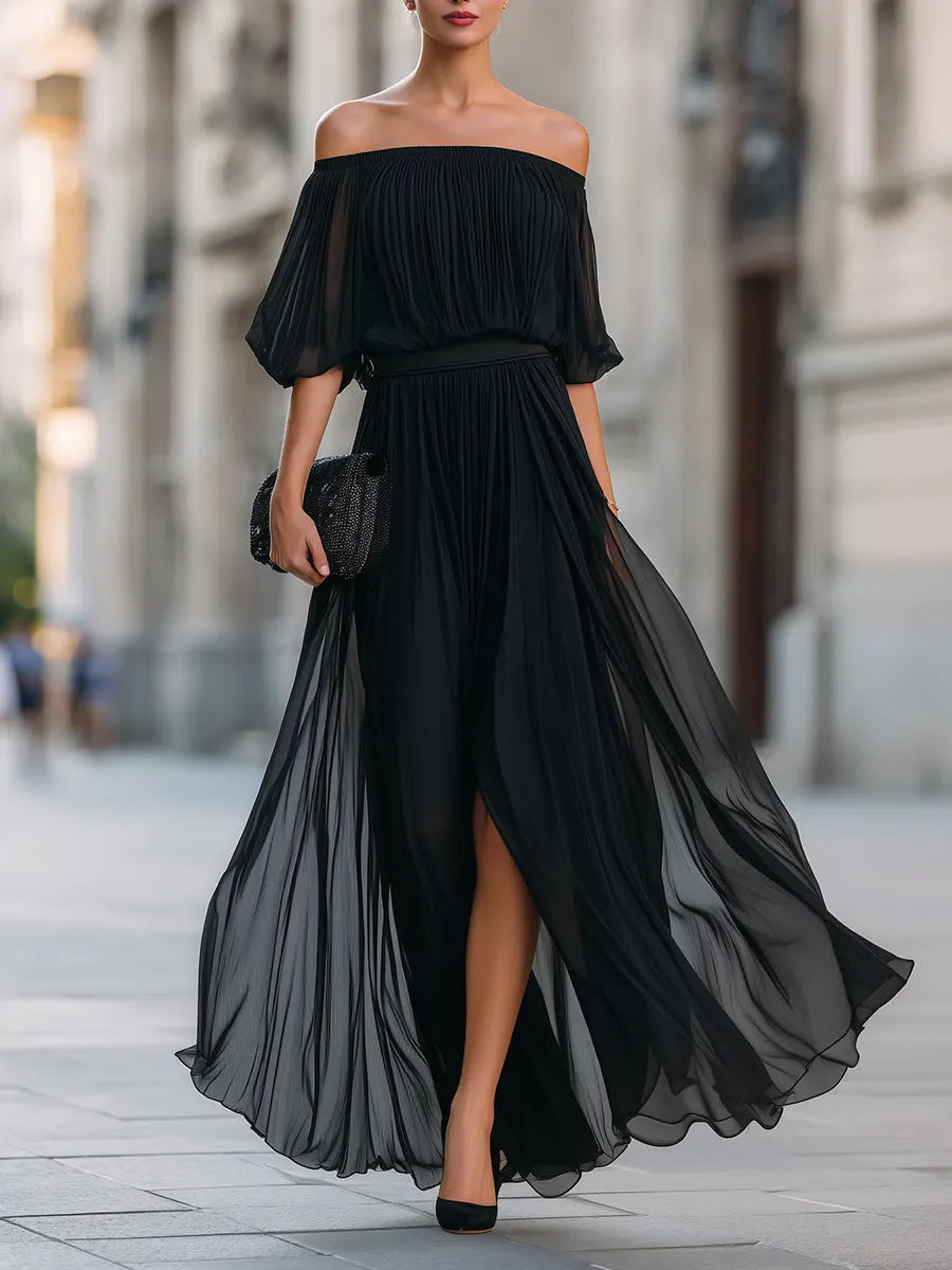 Off-Shoulder Pleated Chiffon Maxi Dress
